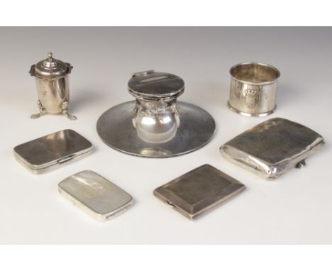 * A selection of silver and silver coloured tableware and accessories, to include; an Edwardian silver capstan inkwell, A &am