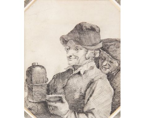 Dutch school (18th century),Peasants pouring a drink from a flask,Pen and ink on paper,Unsigned,14.5cm x 10.5cm,Framed and gl