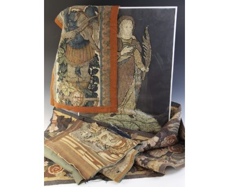 An embroidery of a religious figure, possibly Saint Catherine, possibly 17th Century, comprised of cotton and silk and highli