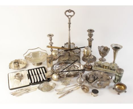 A large selection of silver coloured and silver plated wares, to include; a silver plated three bottle decanter stand, a pair