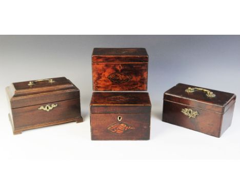 A George II mahogany tea caddy, the moulded hinged top applied with a brass swing handle opening to a vacant interior, raised