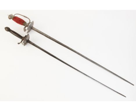 A continental court sword, late 18th century, with 71cm double edge steel blade, clamshell guard and wire bound velvet grip, 