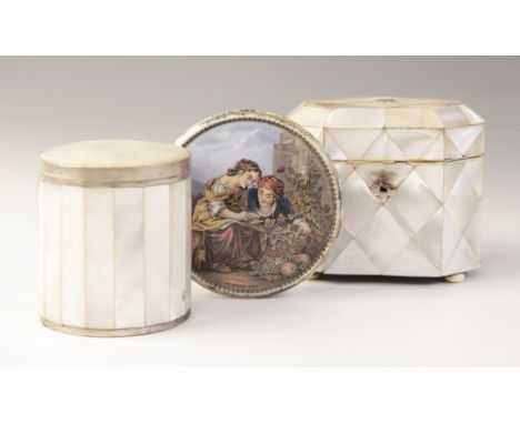 A 19th century mother of pearl and ivory tea caddy, the rectangular caddy with canted corners raised on four ivory bun feet, 