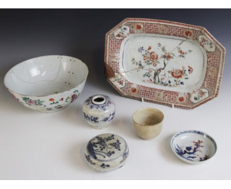 A selection of Chinese porcelain, predominantly 18th century to include a canted rectangular rouge de fer palette meat plate,