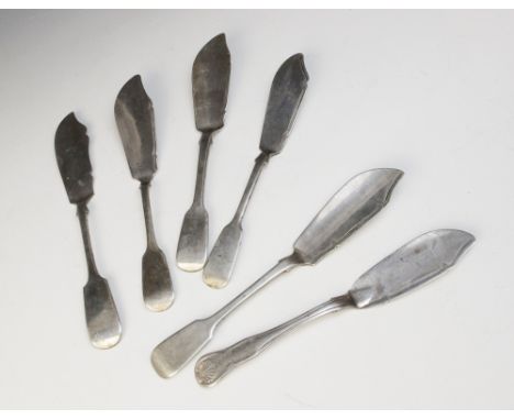 A selection of George III and later silver butter knives, to include a Victorian Irish fiddle pattern example, John Smyth, Du