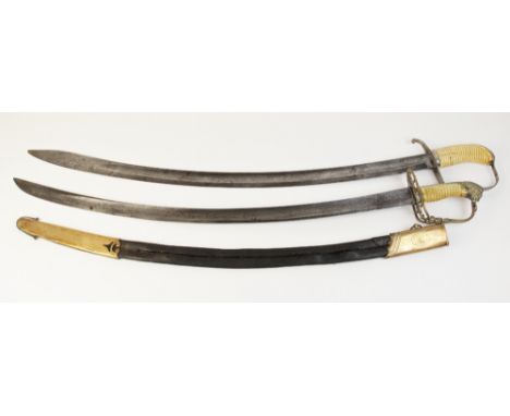 An 1803 pattern infantry officer's sword, the 80cm curved fullered steel blade with bayonet tip, the brass hilt with pierced 