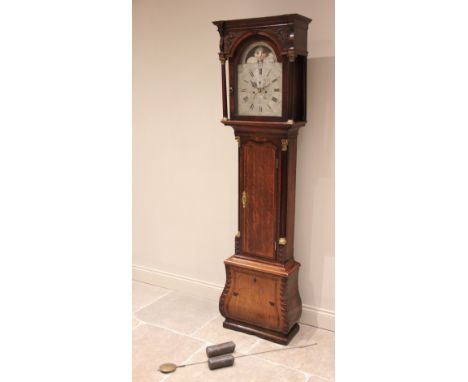 * A George III oak cased eight day longcase clock by Johnson of Dudley, the flat top hood with freestanding reeded pilasters 