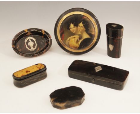 A selection of tortoiseshell and tortoiseshell coloured boxes, 19th century and later, comprising a portrait print mounted ex