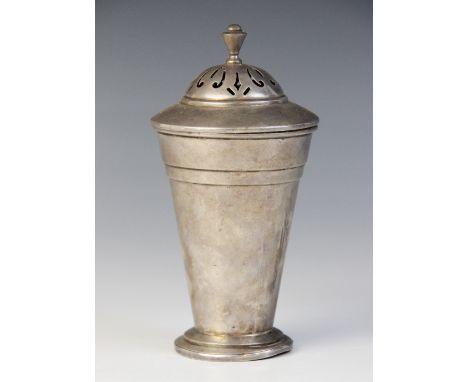 A George V silver sugar caster, Charles S Green &amp; Co Ltd, Birmingham 1933, of tapering form on stepped circular base with