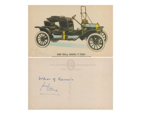 Prime Ministers Harold Wilson and Lord Home signed on back of Vintage car postcard of Model T Ford. Good condition. All autog