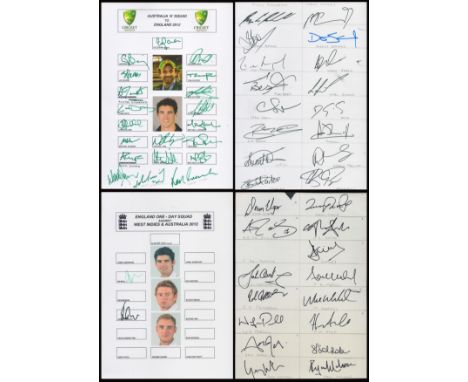 Cricket collection 4 International signed A4 team sheets 2012 includes Australia A, West Indies, South Africa, Ian Bell (Engl