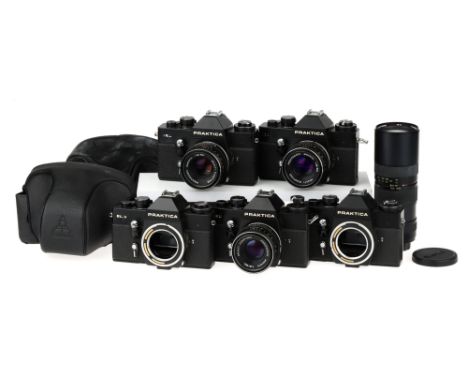 A Selection of Five Praktica 35mm SLR Cameras,to include an EE2, together with four EE3 bodies, all shutters working, togethe