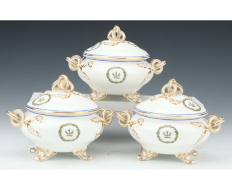 A Trio of 19th Century Coalbrookdale Porcelain Sauce Tureens,decorated with armorial crest of axe and branches within a holly