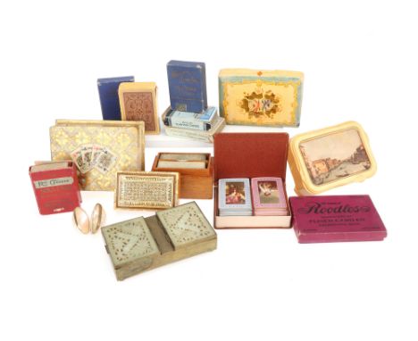 A Bone and Bamboo Mah Jongg Set,in machine embroidered box, together with packs of playing cards [unchecked] and vintage ciga