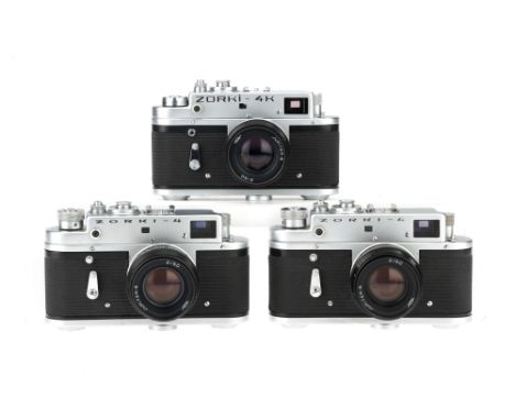 Three Zorki 35mm Rangefinder Cameras,to include a Zorki 4k, body G, shutter working, RF patch clear, medium-bright, &amp; res