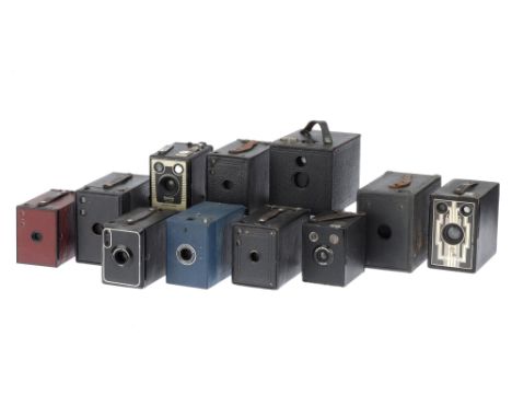 A Selection of Box Type Cameras,to include a No.2 Bullseye Kodak, an Apem box camera, a Kodak Portrait Hawkeye No 2, a red Ko