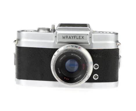 A Wray Wrayflex Ia Camera,chrome, serial no. 2667, with Wray Unilux f/2.8 50mm lens, chrome, serial no. 208408, body, F-G, sh