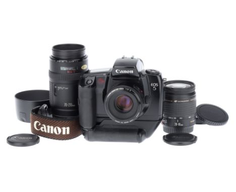 A Canon EOS 5 SLR Camera,with three Canon EF lenses including Canon EF f/1.8 50mm, Canon EF f/3-5.5.6 28-80mm and Canon EF f/