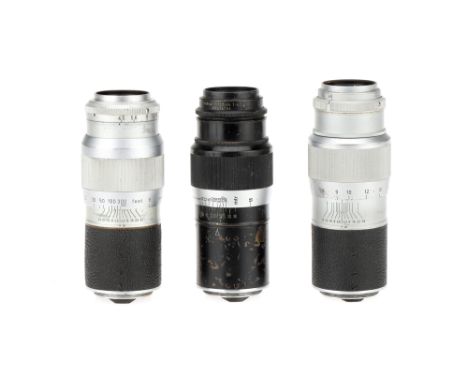Three Leitz Hektor f/4.5 135mm Camera Lenses,screw mount, bodies overall, F, elements overall, F-G, some haze and light fungu