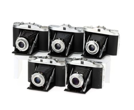 Five Agfa Isolette Medium Format Cameras,to include an Isolette III, body G, rangefinder patch bright but will not move, with