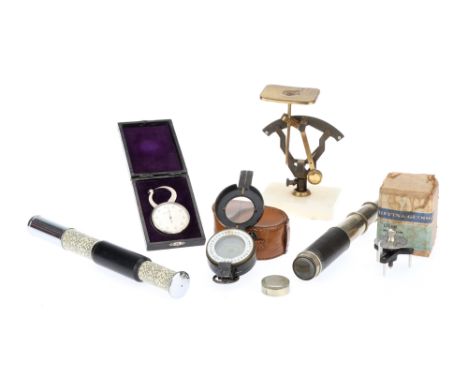 A Collectors Lot of Scientific Instruments,comprising of a marching compass in a leather case, a 5 drawer nickle telescope, u