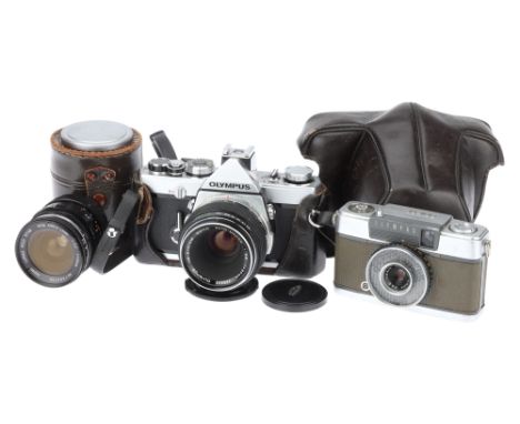 Various Cameras,Comprising of an Olympus OM-1, an Olympus PEN-EE, and a LUMAX GOLD STAR Wide Angle Lens 3.5 f=28mm in a leath