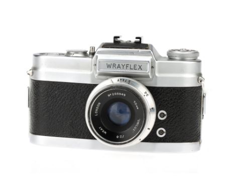 A Wray Wrayflex Ia Camera,chrome, serial no. 3624, with Wray Unilux f/2.8 50mm lens, chrome, serial no. 205949, body, G, shut