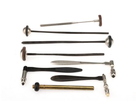 Medical, Eight Percussors,inluding an unusual combination percussor/ clinical thermometer in brass case, by Nebro, 14.5cm