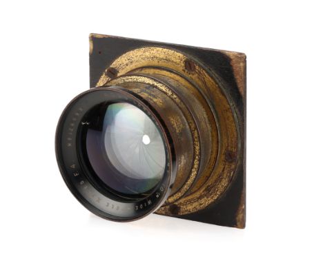 A Ross London Patent 10" Wide Angle Xpres F/4 Brass Lens,body G, wear, tear, &amp; patina present, optics G-VG, some very lig