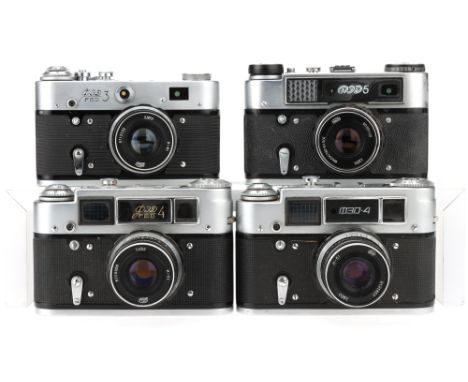 Four FED 35mm Rangefinder Cameras,to include a FED 4, body G, shutter working, RF patch clear, bright, &amp; responsive, with