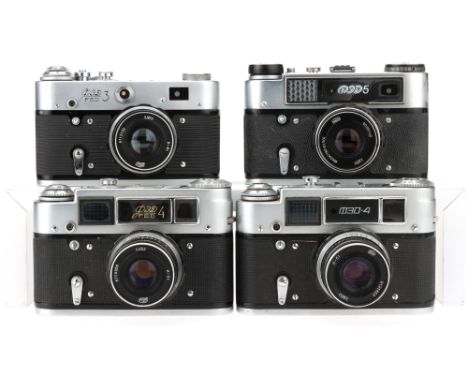 Four FED 35mm Rangefinder Cameras,to include a FED 4, body G, shutter working, RF patch clear, bright, &amp; responsive, with