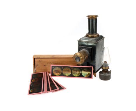 A Tin Plate Magic Lantern,body VG, together with a set of children's magic lantern slides,