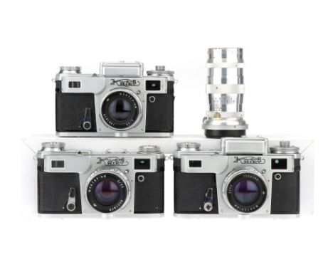 Three Kiev 35mm Rangefinder Cameras,to include a Kiev IIA, body G-VG, shutter working, RF patch clear, bright, &amp; responsi