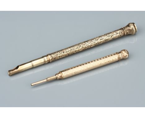 A Victorian Yellow Metal Quill Pen,with floral acanthus brightcut engraving to the barrel and vacant bloodstone seal to the t