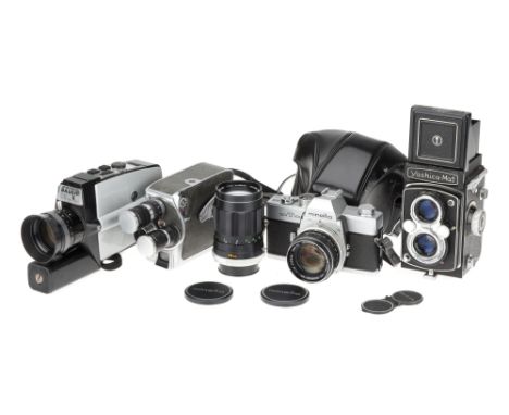 Collection of Various Cameras,including Yashica-Mat and accessories, Minolta SRT-101 with 55mm 1:1.7 lense and 135 mm 1:3.5 l