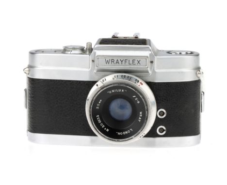 A Wray Wrayflex I Camera,chrome, serial no. 2014, with Wray Unilux f/2.8 50mm lens, chrome, serial no. 200133, body, G, shutt