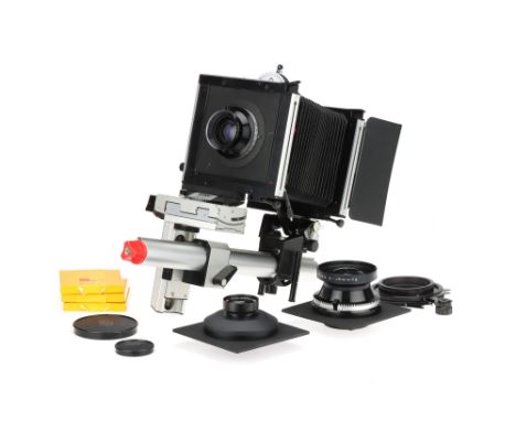 A Sinar P 5x4" Monorail Large Format Camera,body G, bellows G, with shutter unit, shutter seems to stick open when fired, tog