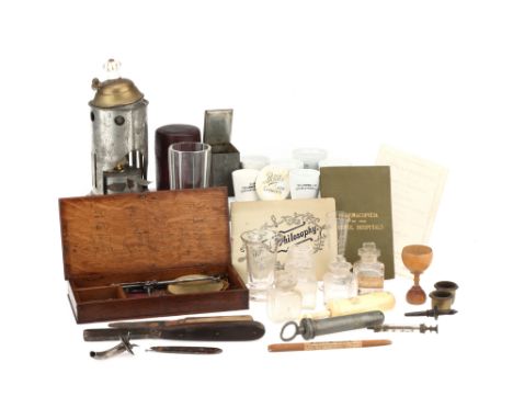 A Collection of Victorian Apothecary Items,including a boxwood powder measure, engraved glass measures, boxed scales and weig