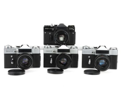 Four Zenit 35mm SLR Cameras,to incldue a Zenit EM, black, body VG, shutter working, with Helios-44M f/2 58mm lens, optics G, 