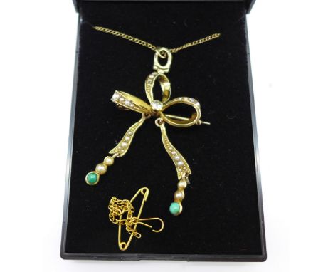 A diamond, pearl and turquoise set pendant on a plated chain, (with brooch pin)