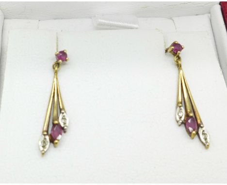 A pair of 9ct gold, ruby and white stone earrings, 1.5g