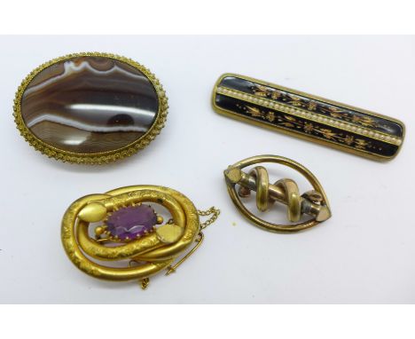 Four Victorian brooches including pinchbeck, amethyst and agate set, seed pearl and enamel
