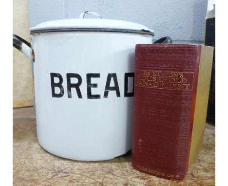 An enamel bread bin and one volume of Mrs Beeton's Household Management