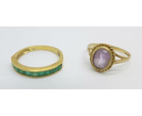 Two gold rings, 9ct gold and amethyst, 1.5g, N, and an 18ct gold and green stone, 2.3g, N