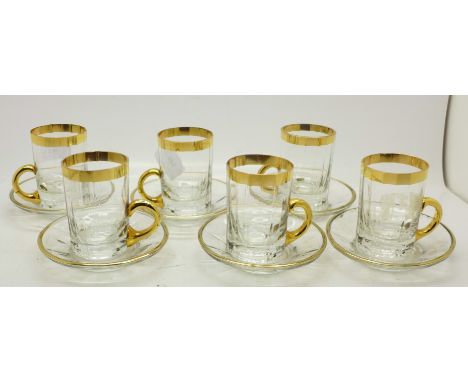 Six glass gold rimmed Turkish coffee cans and saucers