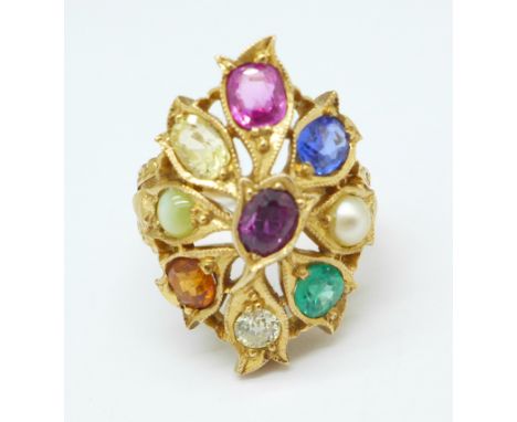 A 14ct yellow gold and multi-gem stone ring set with diamond, emerald, pearl, etc., 9g, Q, the diamond approximately 0.25 car