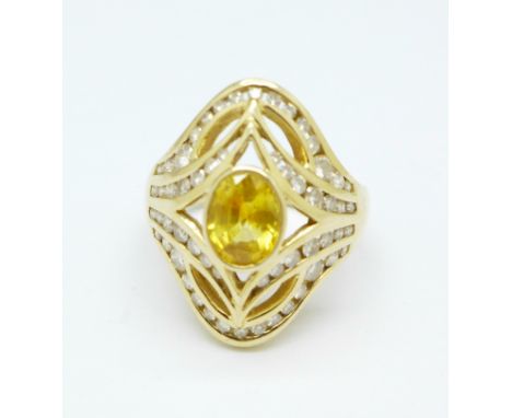 A 14ct yellow gold, diamond and citrine ring, 8.1g, R