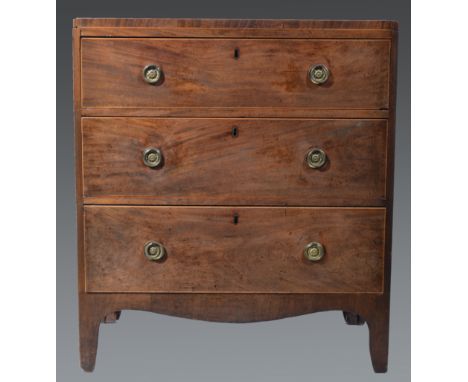 Regency mahogany chest of drawers, fitted with three long drawers, bracket feet, width 76cm.