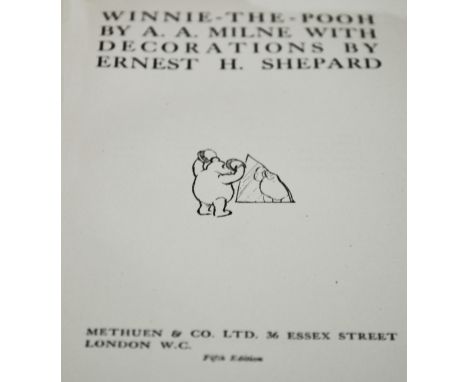 A.A. Milne, "The House at Pooh Corner", illustrated by E.H. Shephard, Methuen & Co., first edition 1928, with torn and soiled