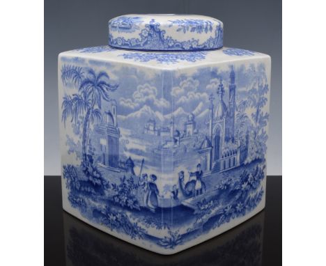 Chinese blue and white ginger jar, 16cm, another Chinese ginger jar, a Staffordshire printware cuboid caddy and other pottery